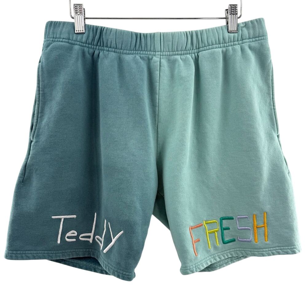 Teddy Fresh Split Color Block Embroidered Sweat Shorts Blue Green Size Medium